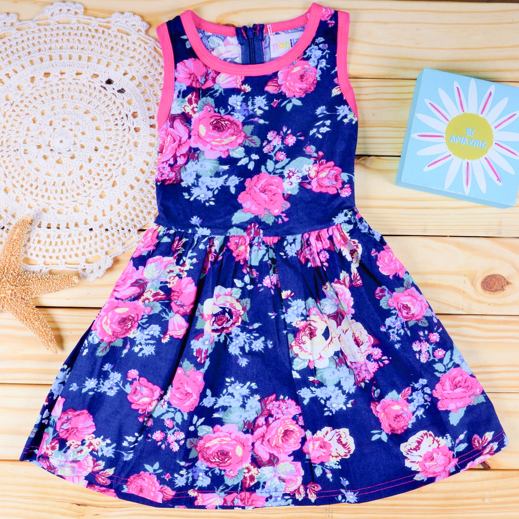 navy blue dress pink flowers