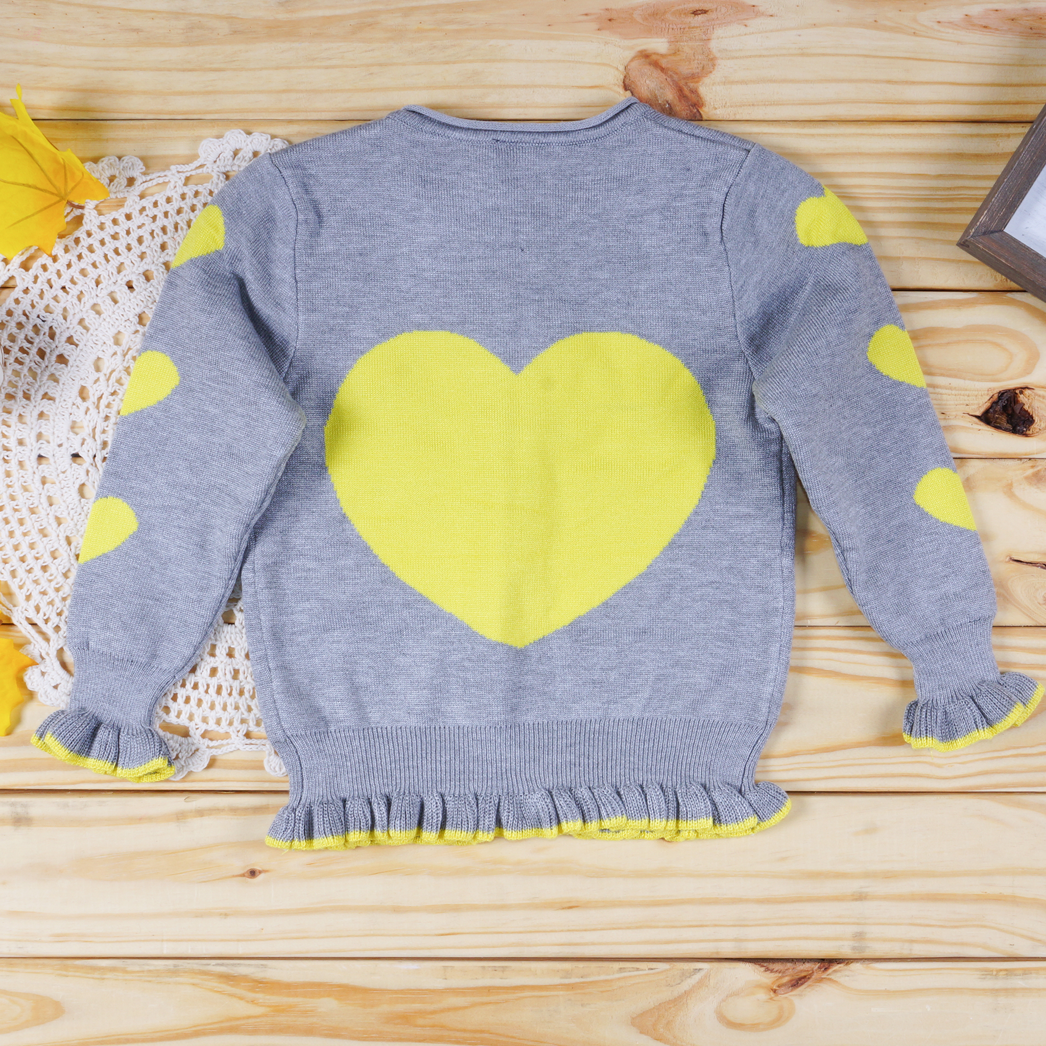 Nonika Baby and Toddler Girl Yellow Heart Grey Ruffle Cardigan Sweater_2