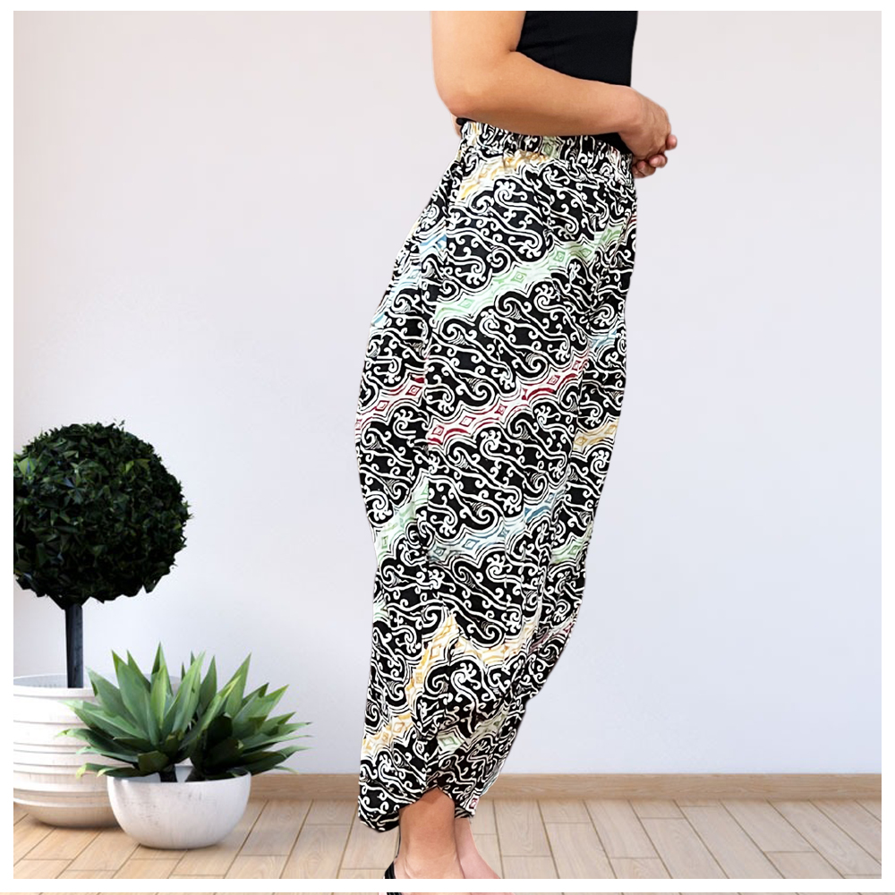 Indonesian Batik Rayon Pants with Floral and Leaf Motifs, 'Midnight Roots